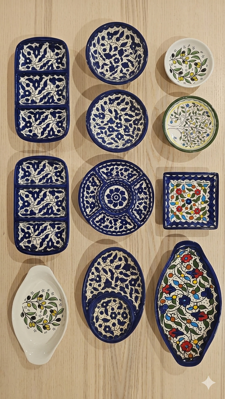 Platos de diferentes colores y tamaños.